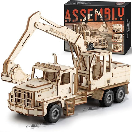 3D Wooden Puzzle for Adults, Excavator Wooden Mechanical Model Car Kits to Build, Brain Teaser Pull Back Truck Toys Birthday for Men Women (Excavator)