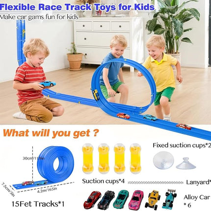 15 Ft Flexible Race Car Track for Kids, Rolls Up Portable Race Tracks with 6 Car & Suction Cups, Compatible with Hot Wheels and Diecast 1/64th Cars, Birthday Gifts for Boys Girls