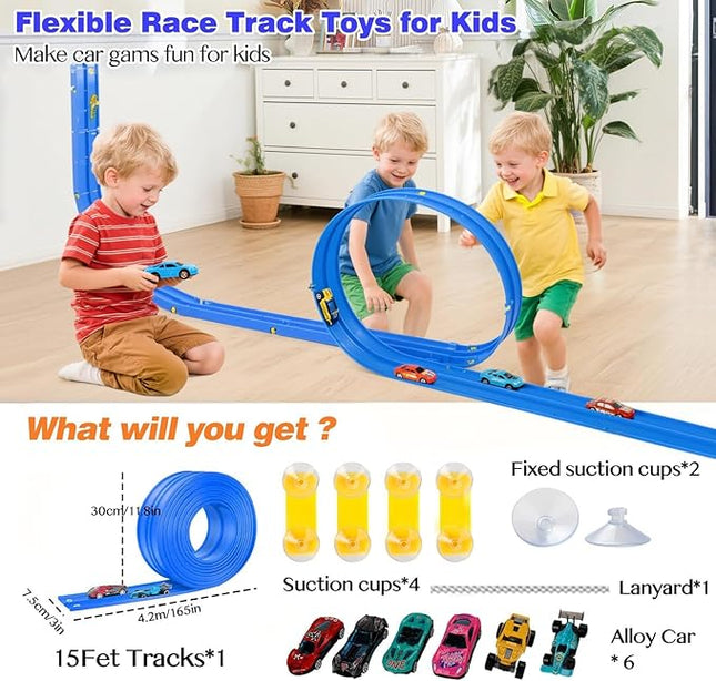 15 Ft Flexible Race Car Track for Kids, Rolls Up Portable Race Tracks with 6 Car & Suction Cups, Compatible with Hot Wheels and Diecast 1/64th Cars, Birthday Gifts for Boys Girls
