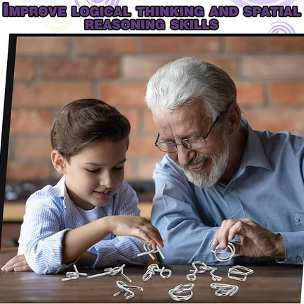 Yilloog Metal Wire Puzzle Set of 8 with Pouch, Brain Teaser Puzzles IQ Test Ring Disentanglement Unlock Interlock Game Trick Metal for Party Favor Challenge(D Style)