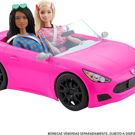 Barbie Convertible 2-Seater Vehicle, Pink Car with Rolling Wheels & Realistic Details, Gift for 3 to 7 Year Olds