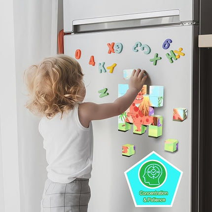 ritastar Magnetic Blocks Building Toy, 25pcs Mine Stacking Magnet Build Cubes Cartoon Pattern World,STEM Sensory Construction Toys for Kids Gift,Educational Jigsaw Puzzle Set with 3D Dinosaur Designs