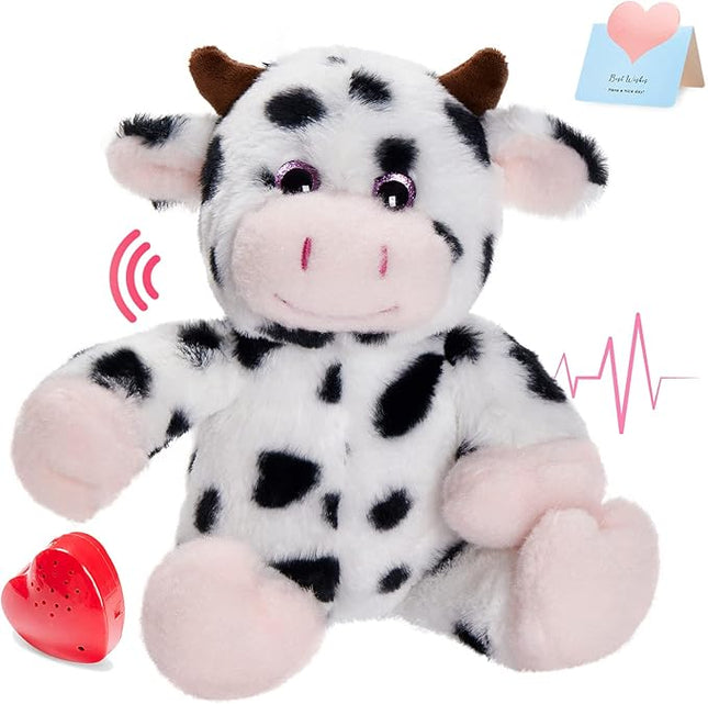 12.5" Heartbeat Diary Cow Recordable Stuffed Animals Voice Sweet Messages Recorder Soft Plush Toy Playback Your Words Birthday Gifts for Toddler Kids