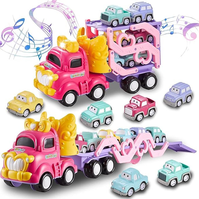 Toddler Girls Cars for 1 2 3 4 5 Year Old,7-in-1 Pink Princess Foldable Transport Carrier Trucks with Lights and Music,Birthday Presents for 1-3 3-5 Yrs Old Babys
