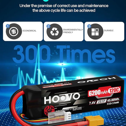 HOOVO 2S Lipo Battery, 7.4V 6200mAh 120C RC Battery Pack,Softcase with XT60 Plug for RC Car Truck Buggy Crawler Airplane Boat RC Vehicle,2Packs