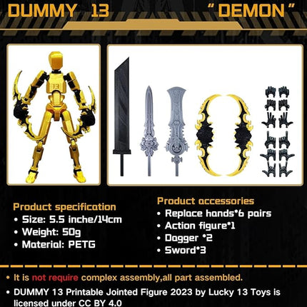 T13 Action Figure for Kids,3D Printed Titan 13 Figure with Multiple Accessories,Dummy 13 Desktop Decorative Toy(Gold)