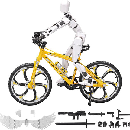 (Assembly Completed) T13 Action Figures, 6.3 Inch Big Dummy 13 Mountain Die-cast Mini Bike Model with Multi-Jointed Movable Lucky 13 Robot Toys Set(Yellow,White)