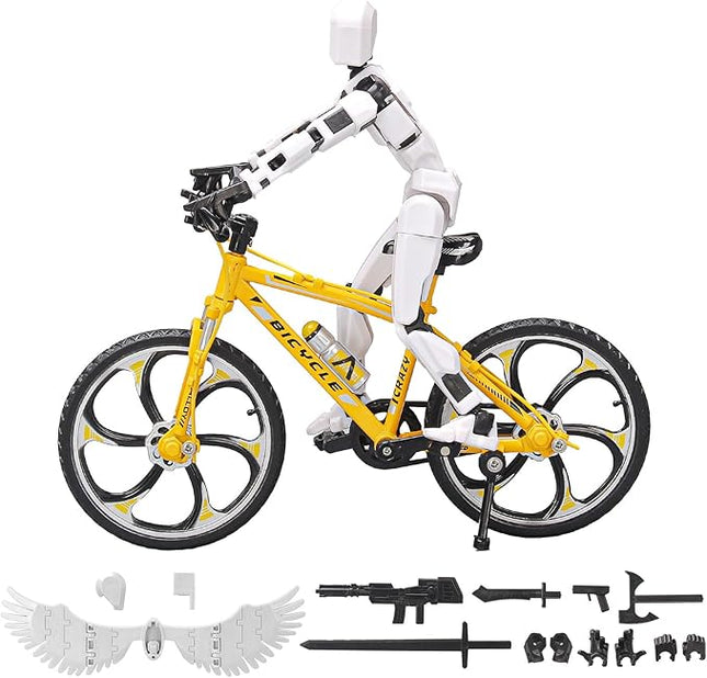 (Assembly Completed) T13 Action Figures, 6.3 Inch Big Dummy 13 Mountain Die-cast Mini Bike Model with Multi-Jointed Movable Lucky 13 Robot Toys Set(Yellow,White)
