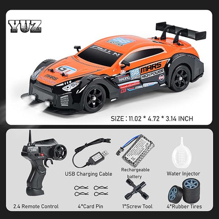 YUZ RC Car RC Drift Car 1/16 Scale 2.4GHz 4WD 18KM/H High Speed Remote Control Car with LED Lights Spray Racing Toy Car for Adults Boys Girls Kids Gift Rechargeable Batterie Drifting Tires