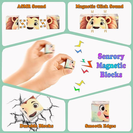 Magnetic Blocks Building Toy,Ritastar 25pcs Mine Stacking Magnet Build Cubes Cartoon Pattern World,STEM Sensory Construction Toys for Kids Gift,Educational Jigsaw Puzzle Set with 3D Zoo Animal Designs