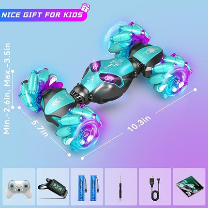 Gesture Sensing Remote Control Car, 2.4GHz 4WD RC Drift Stunt Hand-Controlled Cars for Boys Age 8-12, All-Terrain Off-Road Twist Toys with Lights Music for Christmas Birthday Gifts (Blue)
