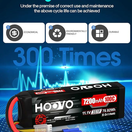 HOOVO 3S 11.1V LiPo Battery 7200mAh 100C RC Battery Softcase EC5 Plug for 1/10 & 1/8 Scale Vehicles VXL RC Cars Boats Planes Drones.