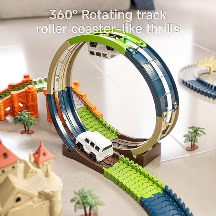 TUMAMA Race Track 202 Pcs Magic Castle Race Car Toys for Boys Girls 3 4 5 6 7 Year, 360° Rotating Flexible Train Track with Cars, Adventure Racetrack Educational Toy Set Kids Gift