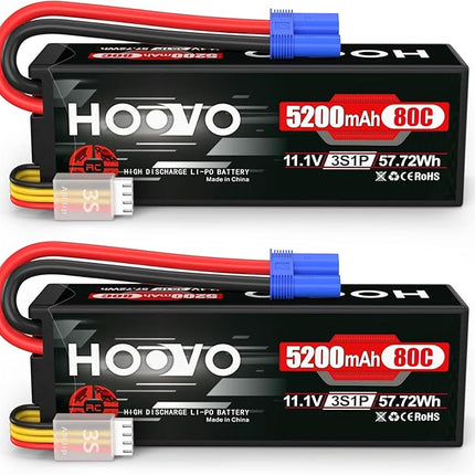 HOOVO 3S 11.1V 80C 5200mAh RC Lipo Battery Hard Case with EC5 Connector for RC Car Boat Truck Heli Airplane UAV Drone FPV Racing (2 Packs)