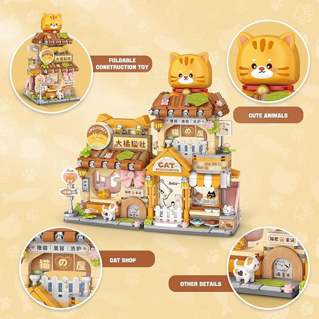 Street View Cute Cat Shop Mini Building Blocks, MOC Creative Building Toys Cute Animals Building Set for Girls 6-12, Simulation Architecture Construction Toy, Gift Idea for Kids Adults (917 PCS)