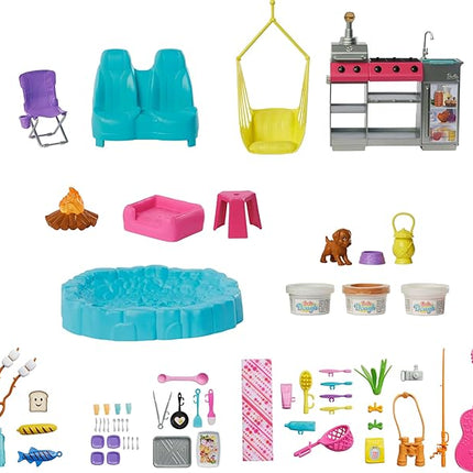 Barbie Dream Camper New for 2025 Playset with Roof Tent, Swing Chair, Fishing Pond, BBQ Grill with Color-Change Feature & 60+ Accessories Including Dough