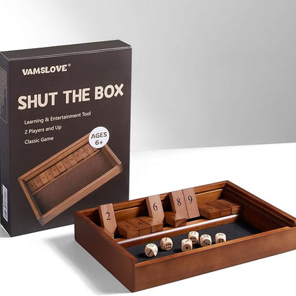 VAMSLOVE Shut The Box Dice Game Wooden Board Table Math Game for 2 Players and Up, 12 Numbers Close The Box with 6 Dice for Kids Adults Family (Instructions Included)