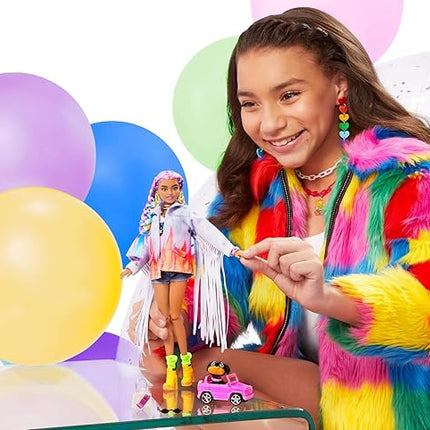 Barbie Extra Doll & Accessories with Rainbow Braids in Long-Fringe Denim Jacket with Pet Puppy and Car for Pet