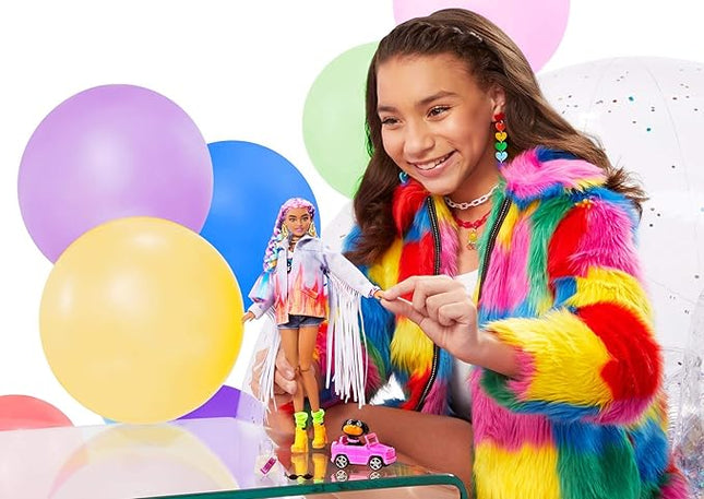 Barbie Extra Doll & Accessories with Rainbow Braids in Long-Fringe Denim Jacket with Pet Puppy and Car for Pet