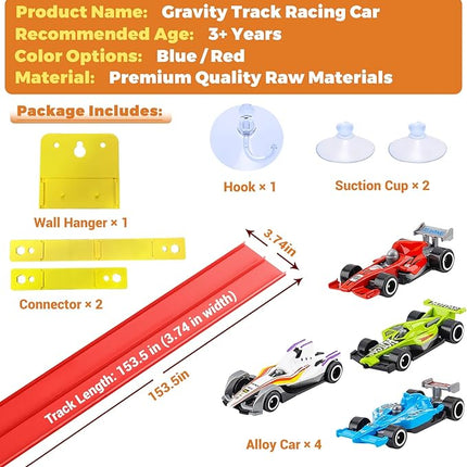 15 Ft Flexible Race Car Track, Portable Dual-Sided Race Car Track with 4 Cars & Suction Cups, Compatible with Hot Wheels & 1/64 Diecast Cars, Kids’ Car Ramp & Race Track (red)