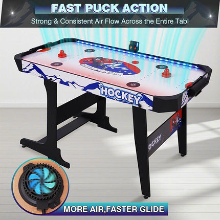 57" LED Light-Up Air Hockey Table, Foldable Arcade Style Air Hockey Game Set w/Accurate Electronic Scoring, in Line Power Switch, Powerful Motor for Kids Adults, Home Game Room