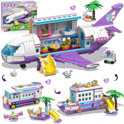 HOGOKIDS 3-in-1 Friends Airplane Building Toy Set - 808PCS Plane/Boat/Camper Van Building Toys with Cute 6 Mini Animals, Slide, Fun Accessories and Stickers, Birthday Gifts for Girls Boys Age 8-12+