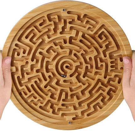 Round Wooden Labyrinth Board Game - Marble Maze for Education and Fun, Toddler Activity Board, Brain Teaser Puzzle Logic Game with Two Metal Balls for Kids, Adults, Teens, Boys, and Girls