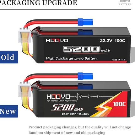 HOOVO 6S Lipo Battery 22.2V 100C 5200mAh with EC5 Connector for RC Car Truck Truggy Buggy Tank RC Airplane Helicopter Boat Car Racing Vehicle(2 Pack)