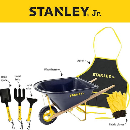Stanley Jr. Kids Wheelbarrow Set – 6-Piece Durable Toddler Wheelbarrow & Garden Tools – Child Outdoor Toy for Ages 3+ – Fun, Educational Backyard Play with Apron, Gloves & Tools