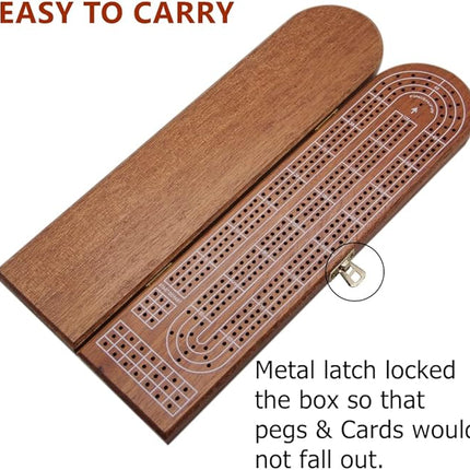 Juegoal Wood Cribbage Board Game Set 3 Tracks with Metal Pegs, Cards, Storage Area