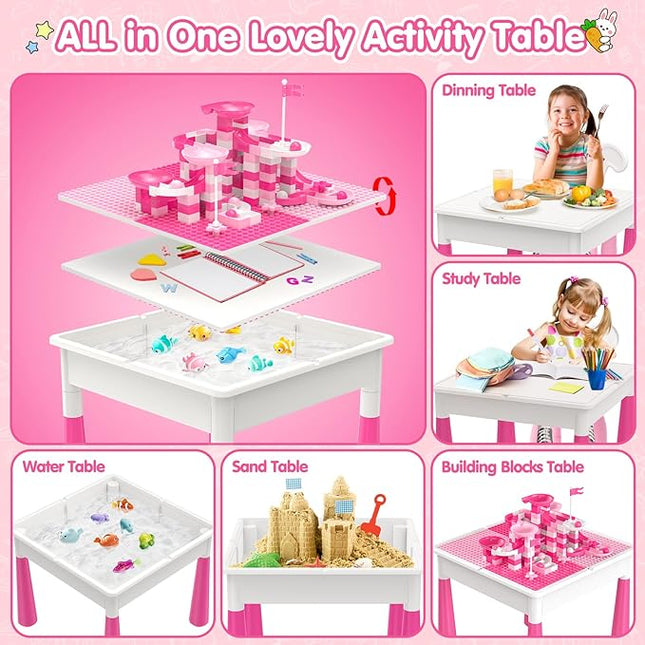 OCATO Kids Toddler Table and Chair Set: Water Table Activity Tables with 152Pcs Large Marble Run Building Blocks 2 Rabbit Chairs Storage All in One Play Sensory Sand Tables 3-6 Year Old Girl Toy Gift