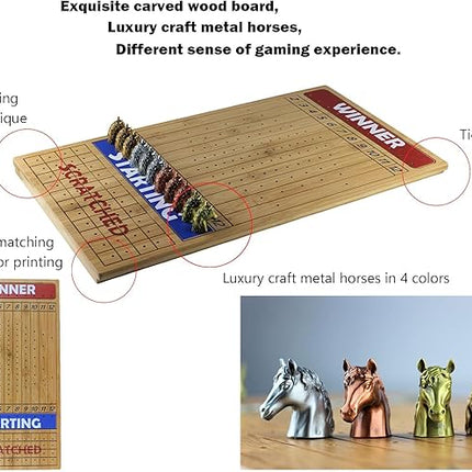 Metal Horse Race Board Game Set with Horse Racing Thick & Solid Wood Game Board(22”/Natrual),11 Luxurious with 4Antique(Gold,Silver,Red Cooper&Bronze) Metal Craft Horses, Dice&Cards (HR-F554)