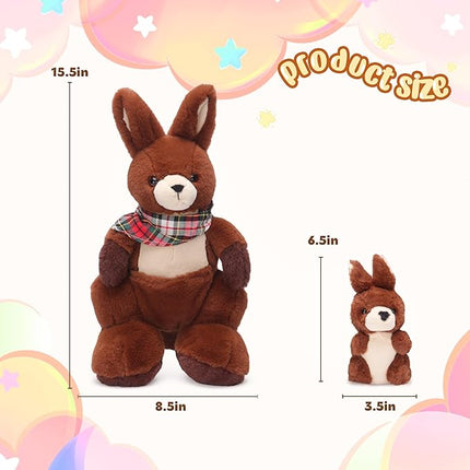 IKASA Mommy Kangaroo Stuffed Animal Mom and Baby Plush Toy, Cute 15.5" Soft Cuddly Family Set with Little Mini Babies,Gifts for Kids