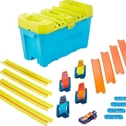 Hot Wheels Toy Car Track Builder Playset, Multi-Lane Speed Box, 18 Component Parts with Storage & 2 1:64 Scale Vehicles