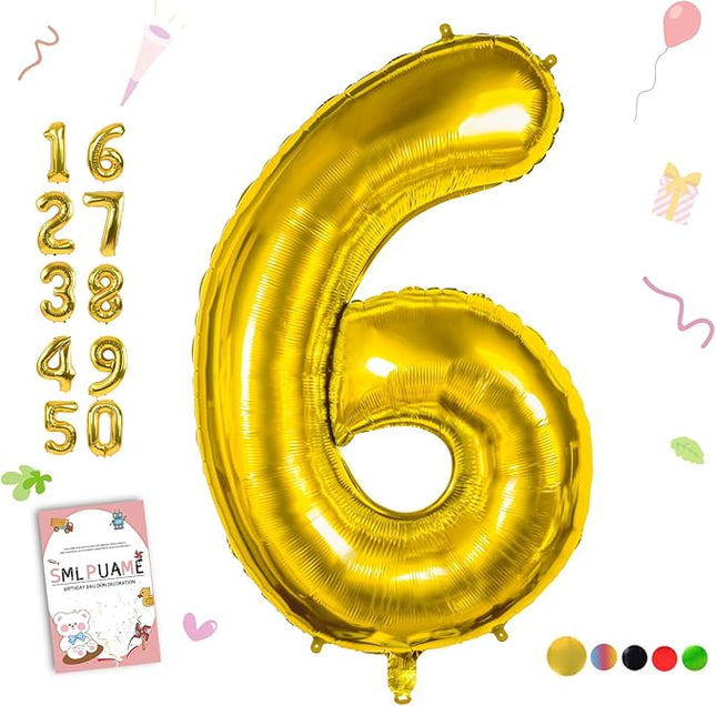 Smlpuame 40 inch Number Balloon 0-9 Gold Large Number 6 Balloons,Digital Balloons for Birthday Party Celebration Decorations Supplies, Helium Foil Number Balloons for Wedding Anniversary