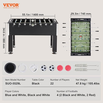 VEVOR Foosball Table, 55 inch Standard Size Foosball Table, Indoor Full Size Foosball Table for Home, Family, and Game Room, Soccer with Foosball Table Set, Includes 4 Balls and 4 Cup Holders, black