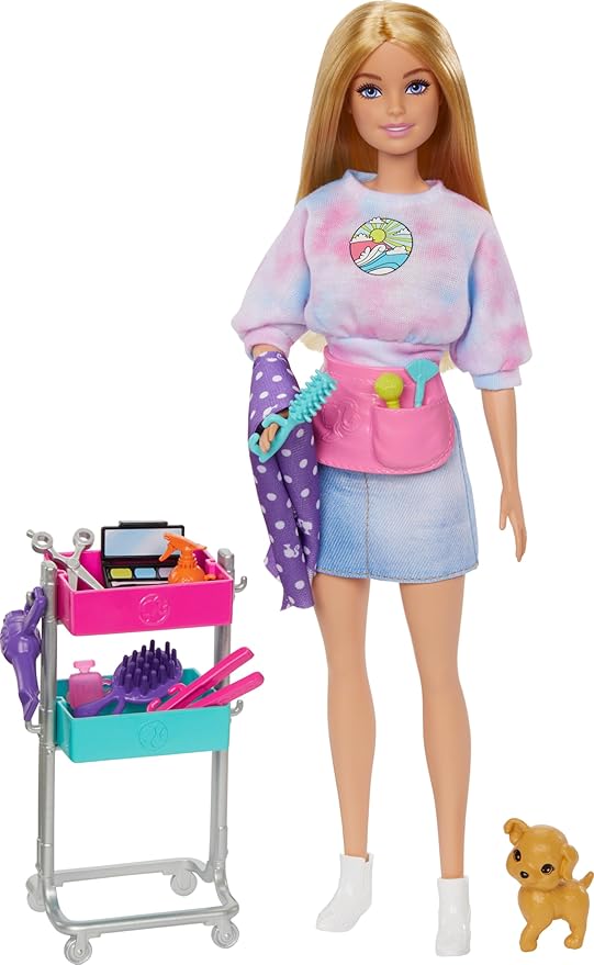 Barbie Stylist Doll & 14 Accessories, Blonde Barbie "Malibu" Fashion Doll On-set with Cart, Smock, Makeup Palette, Pet Puppy & More