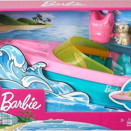 Barbie Boat with Puppy and Themed Accessories, Fits 3 Dolls, Floats in Water, Great Gift for 3 to 7 Year Olds