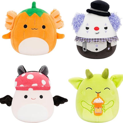 Squishmallows Original 5-Inch Halloween 4-Pack – Gabin Pumpkin Axolotl, Fitzy Goblin Holding Latte, Malcolm Bat Mushroom, Ms. K Purple Clown – Official Jazwares Plush (Little)