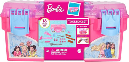 Barbie Tool Box Playset – 18 Piece Deluxe Tool Set, Pretend Play Construction Tools with Tape Measure, Girls Pink Tool Box with Handle, Perfect Preschool Role Play Toy for Kids