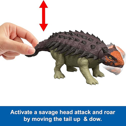 Mattel Jurassic World Rebirth Wild Roar Dinosaur Toy, Posable Ankylosaurus Figure, Tail Controlled Head Butt & Multi Attack & Sound, Digital Play