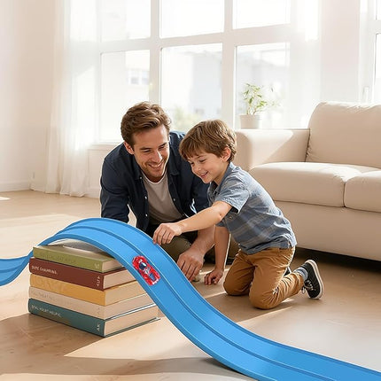 Flexible Race Car Ramp Track for Kids Toy 4 Small Race Cars and 8 Suction Cups Compatible with Hot Wheels and Diecast 1/64th Cars, Rolls Up Portable Racetrack for Ages 3 & Up (Light Blue)