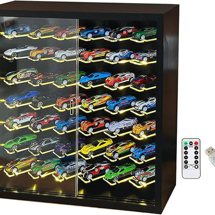 1/64 Cars Display Case with Lighted Wall Mounted Black Display Cabinet with Acrylic Shelves at 45-Degree Angle and Door Storage for 42 Hot Diecast Wheels Toy Cars