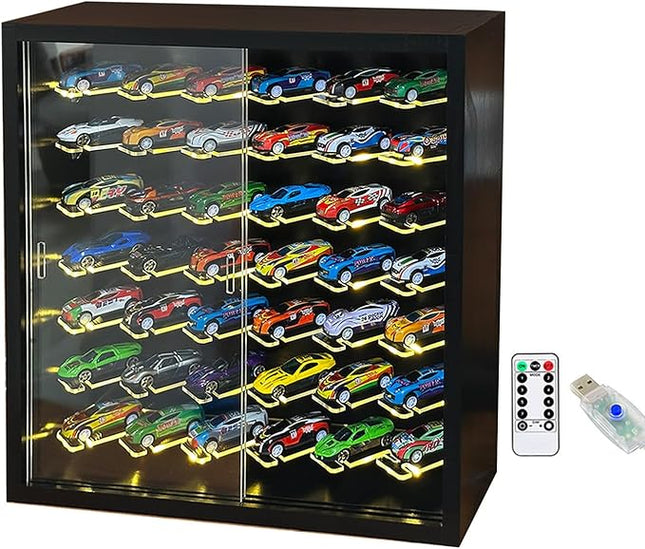 1/64 Cars Display Case with Lighted Wall Mounted Black Display Cabinet with Acrylic Shelves at 45-Degree Angle and Door Storage for 42 Hot Diecast Wheels Toy Cars