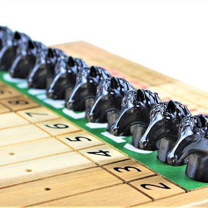 Metal Horse Race Board Game Set with Horse Racing Thick & Solid Wood Game Board, 11 Luxurious & Durable Classic Black Colored Metal Craft Horses, Dice and Cards for Horseracing (HR-652)