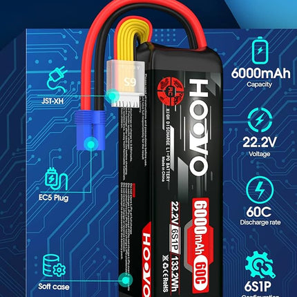 HOOVO 22.2V 6000mAh 60C 6S LiPo Battery with EC5 Plug for RC Quadcopter Truck Boat Airplane Helicopter RC Vehicle