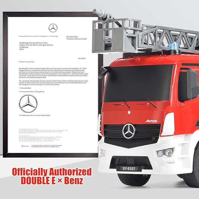 Benz Licensed Remote Control Fire Truck, RC Fire Truck Toy, Rechargeable Construction Truck Toys with Alarm Lights, Hose, Working Water Pump and Rotating Rescue Ladder Fire Truck Toys Gift for Kids
