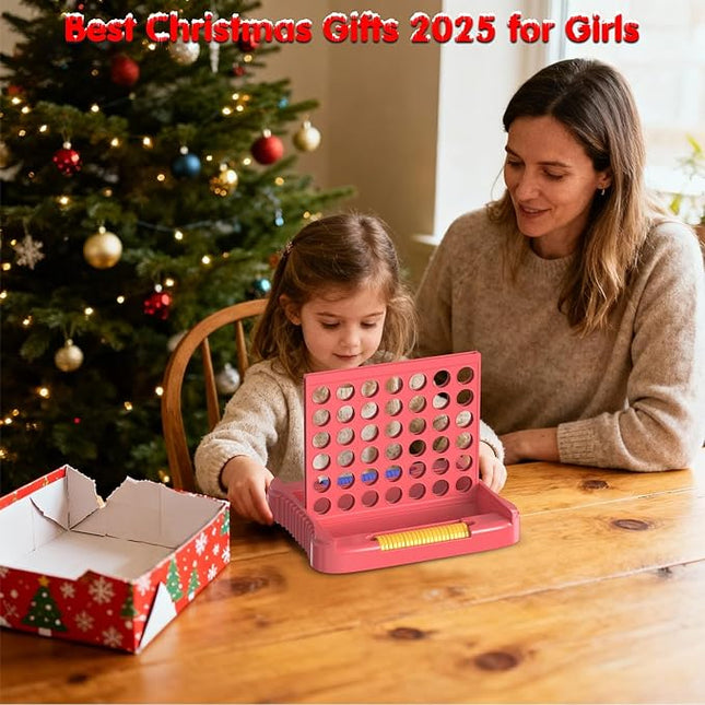 4 in a Row Game, Connect & Win Four in a Row Board Game, Portable 2-Player Strategy Games for Travel, Gift for Girl Age 3 4 5 6 7 8-12, Family Games Foldable Design with 6 Spare Discs Pink