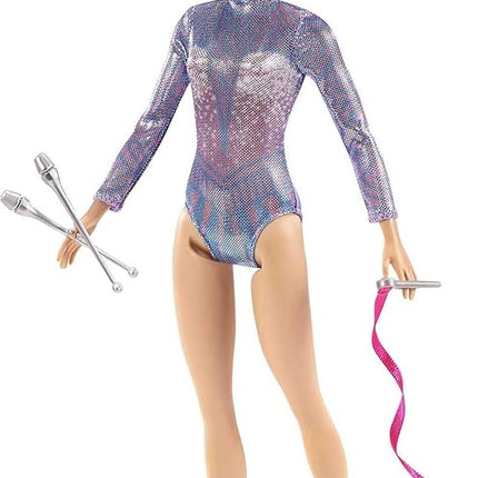 Barbie Rhythmic Gymnast Blonde Doll (12-in/30.40-cm) with Colorful Metallic Leotard, 2 Clubs & Ribbon Accessory, Great Gift for Ages 3 Years Old & Up