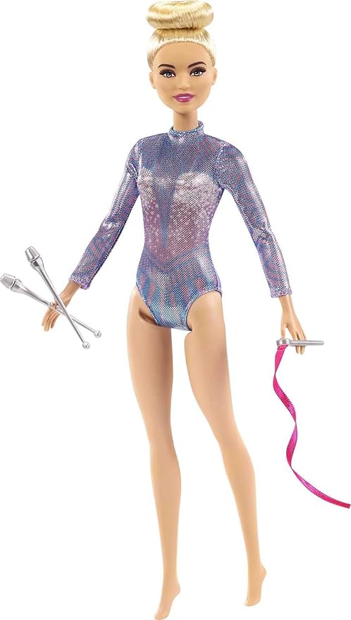 Barbie Rhythmic Gymnast Blonde Doll (12-in/30.40-cm) with Colorful Metallic Leotard, 2 Clubs & Ribbon Accessory, Great Gift for Ages 3 Years Old & Up
